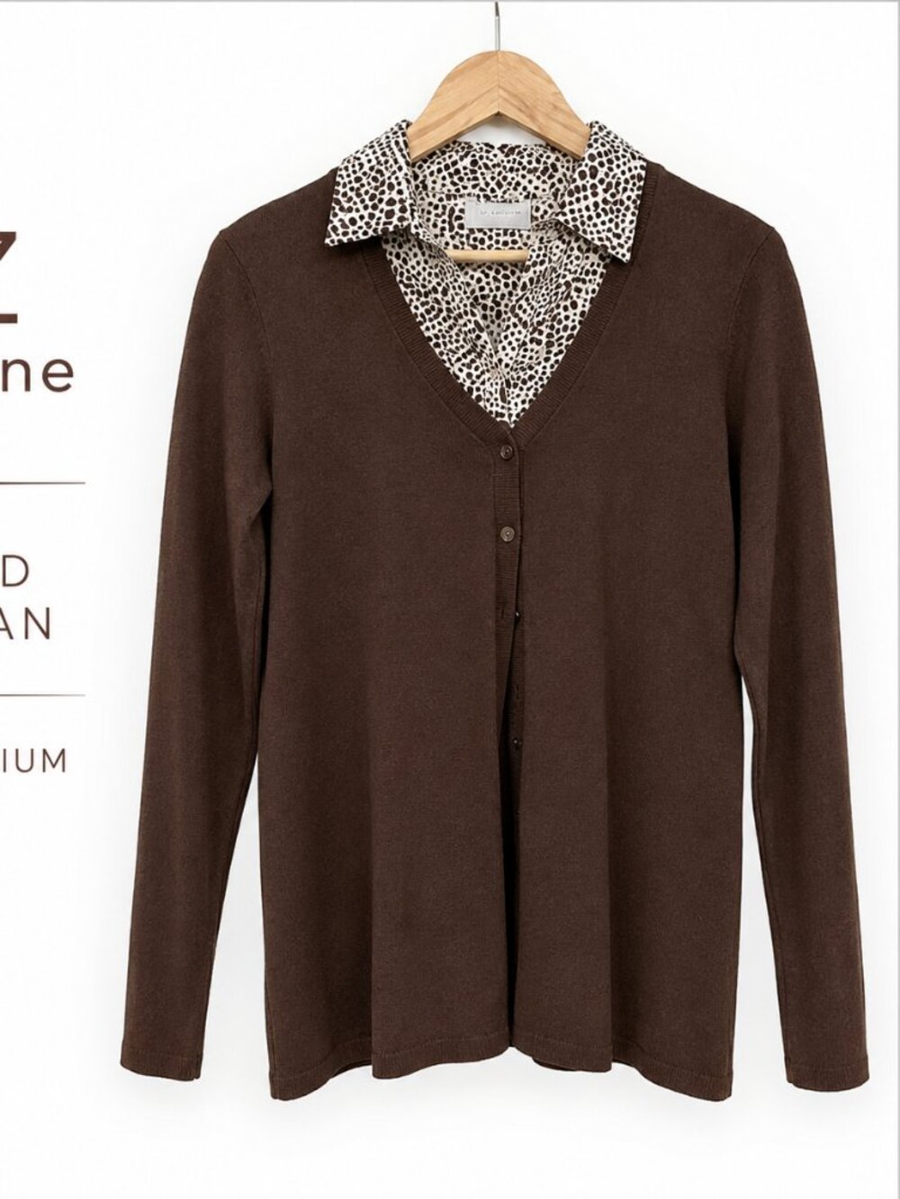 Liz Claiborne 2 In 1 Layered Cardigan Blouse Brown Petite Medium Career